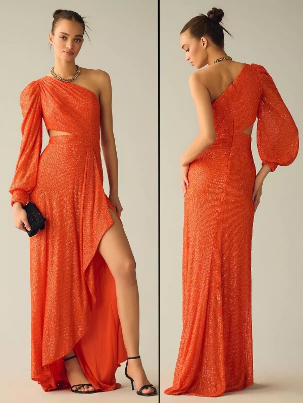 NEW Mac Duggal Orange Sequin One Shoulder Cutout Gown Size 0 Gala Cocktail